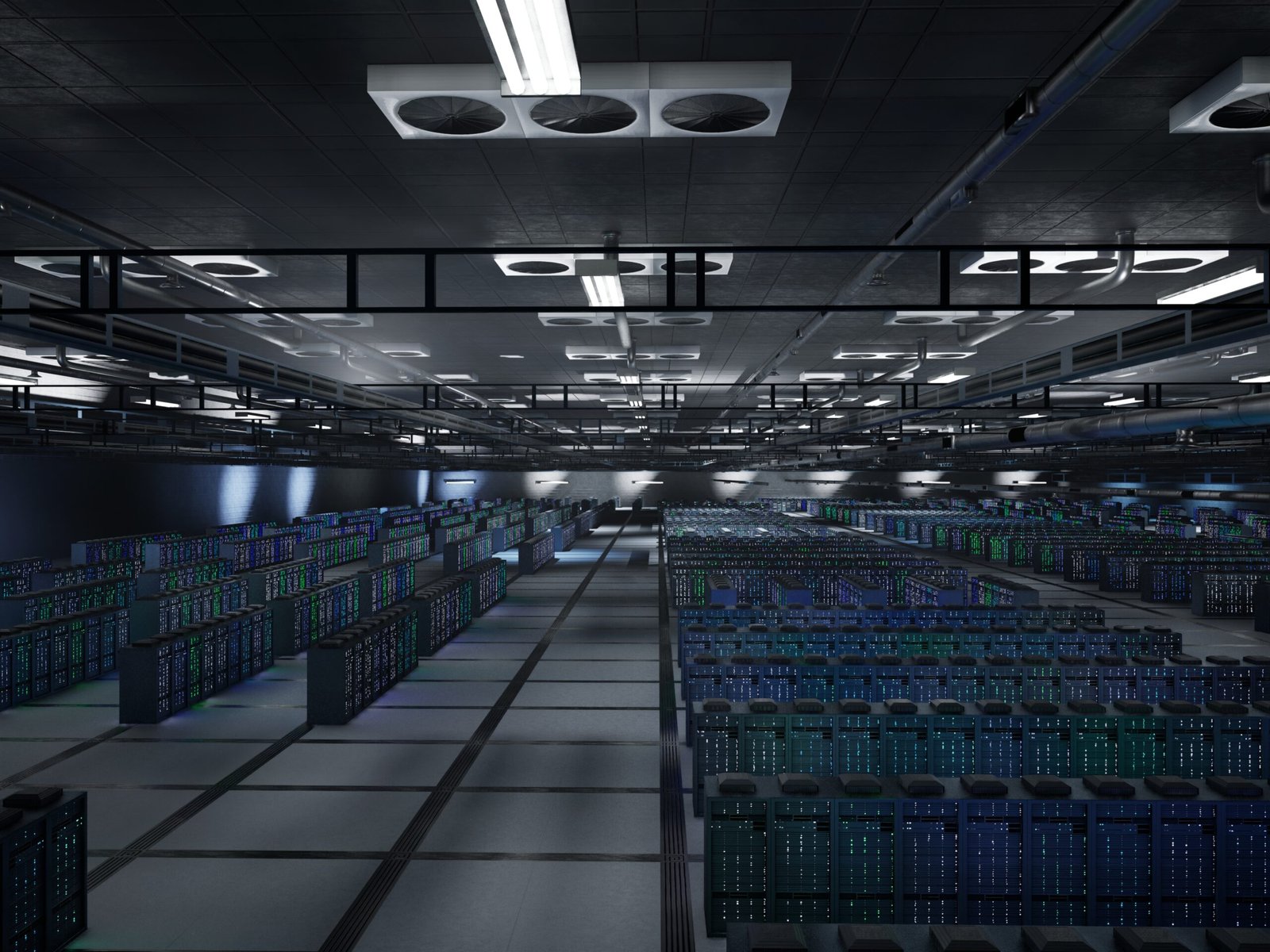 Server racks storing AI datasets for simulation, training and predictive tasks